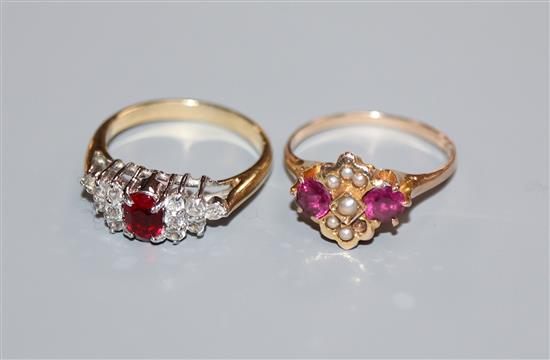 An early 20th century 10ct yellow metal, amethyst and seed pearl ring and one other ring.